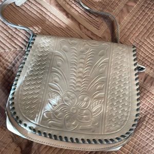 Patricia Nash Saddle Bag Taupe/Putty Tooled Leather w braided black leather trim